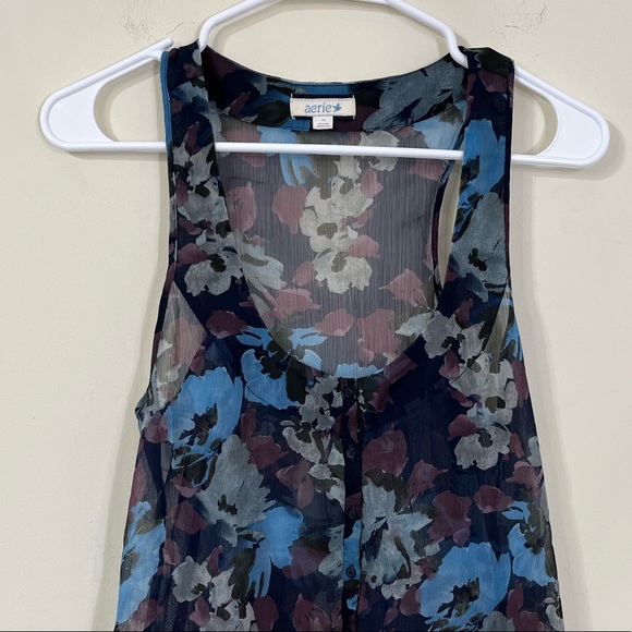 Aerie Sheer Peplum Style Blue Purple Floral Print Tank Top - Picture 2 of 7